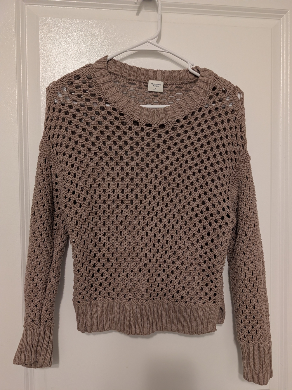 Abercrombie & Fitch Open-Knit Crew Sweater in Taupe